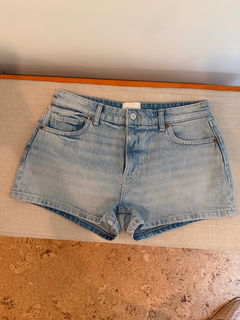Reformation Light Blue Denim High-Rise Shorts